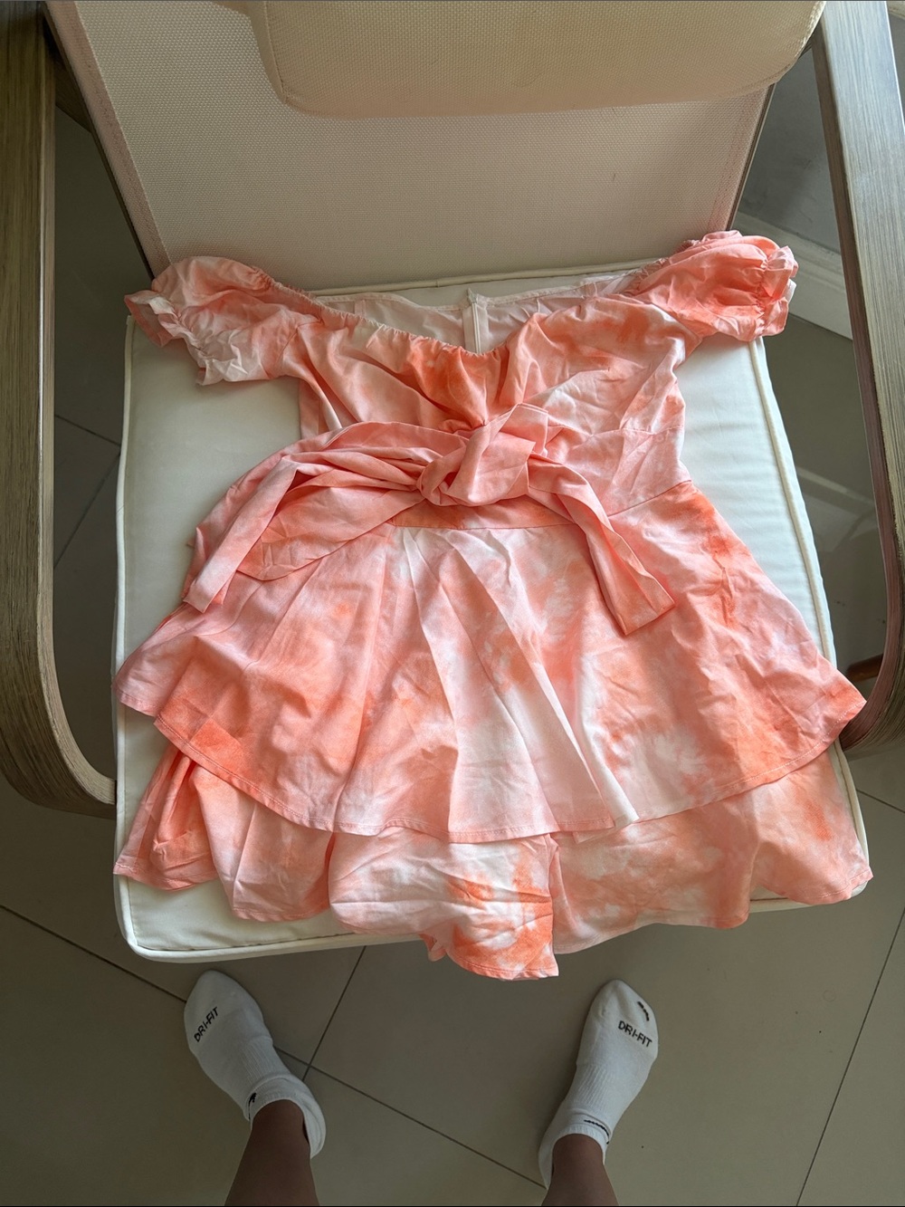 Peach Tie-Dye Off-Shoulder Ruffle Mini romper